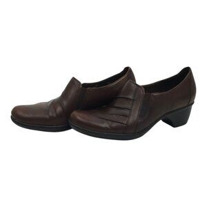Clarks Partridge Block Heel Shoes Womens Size 9 Comfort Brown Leather Slip On
